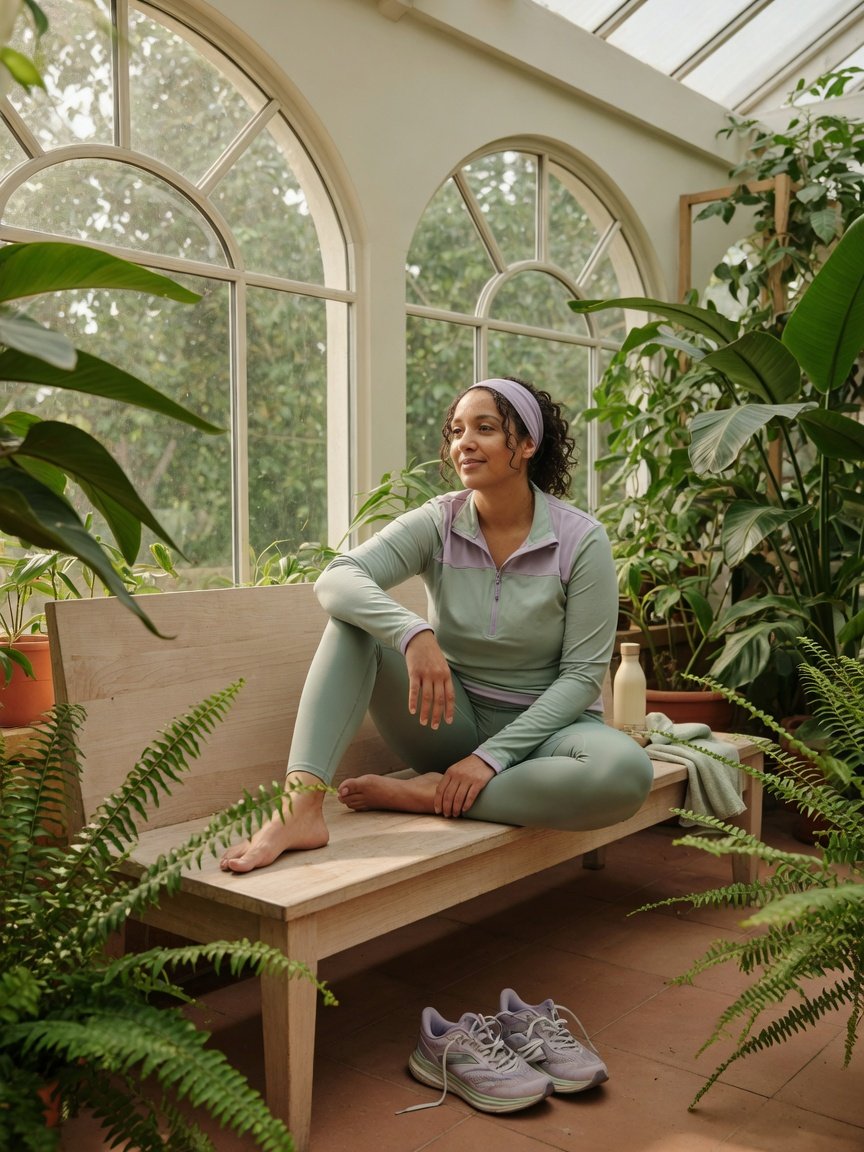 Runner resting on a wooden bench in a plant-filled room during hamstring recovery.