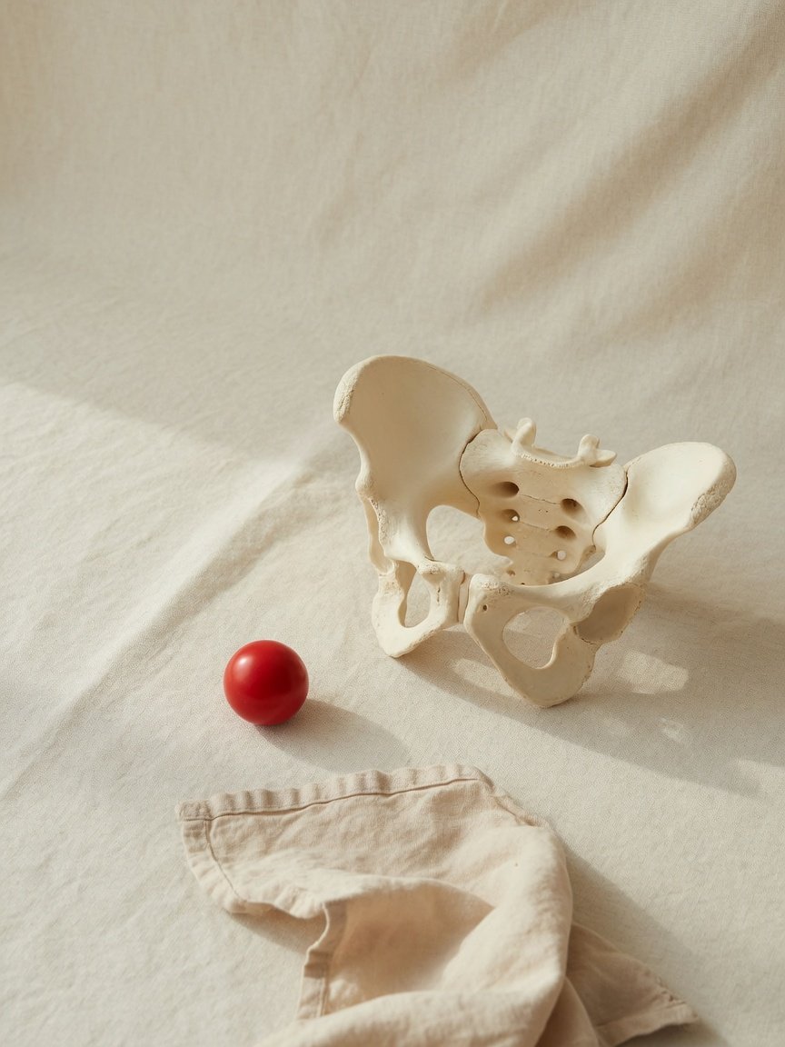Ivory pelvis model showing the sacrum and SI joints on beige linen beside a small red ceramic sphere.