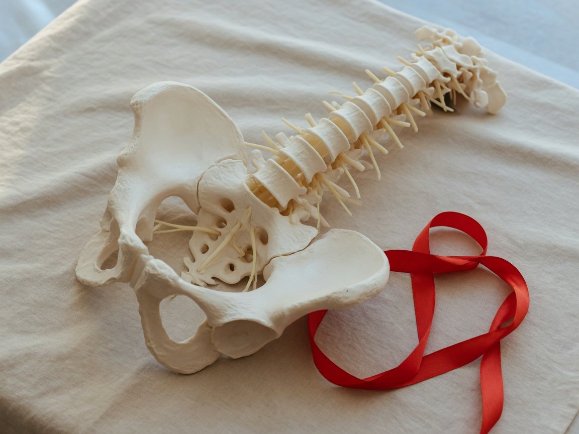 Lower-spine and pelvis model with lumbar nerve branches visible, resting on beige linen beside a red ribbon.