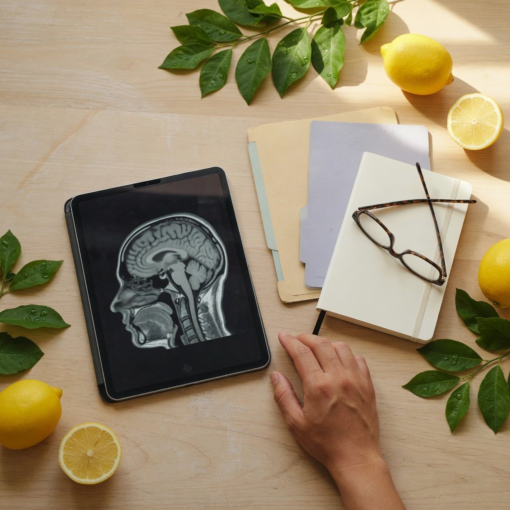 Tablet with a brain MRI beside a notebook, glasses, and lemons on a sunlit kitchen table.