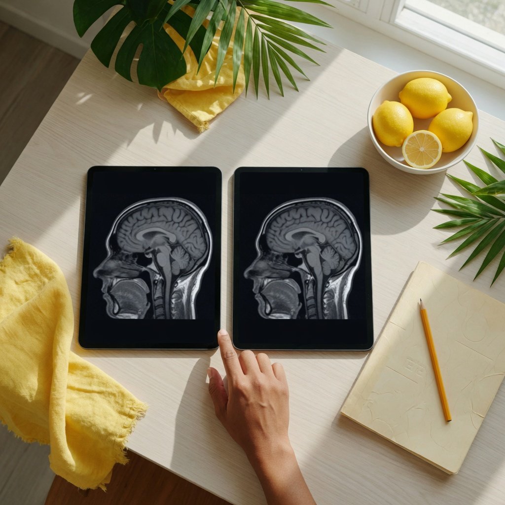 Two tablets showing brain MRI views side by side for comparison on a bright kitchen table.