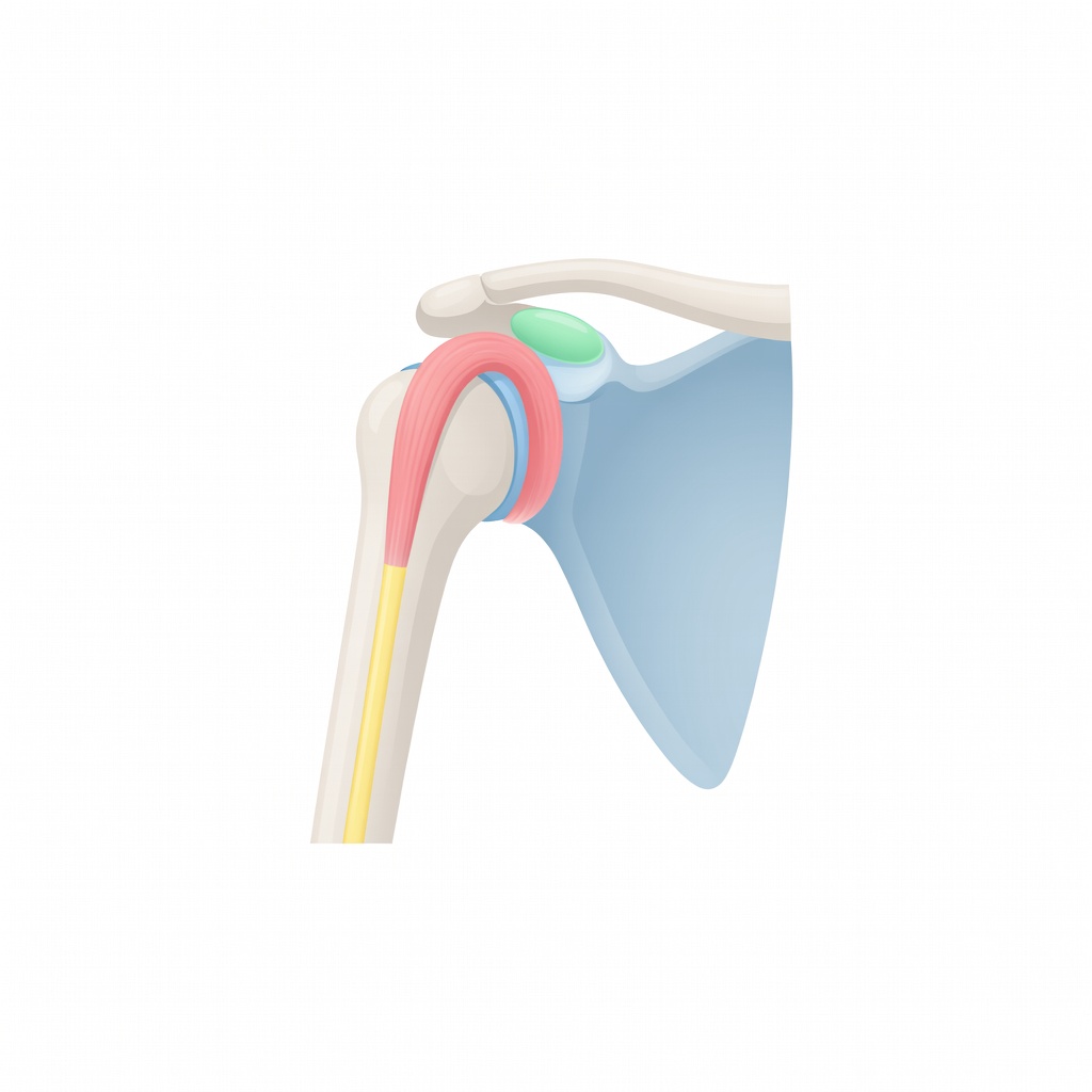 Simplified shoulder anatomy showing tendon, bursa, and biceps area